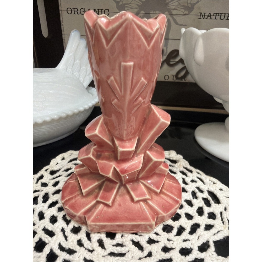 Vintage Japanese Art Glass "Crystal Design" BUD VASE pink glazed Nippon Asia Art
